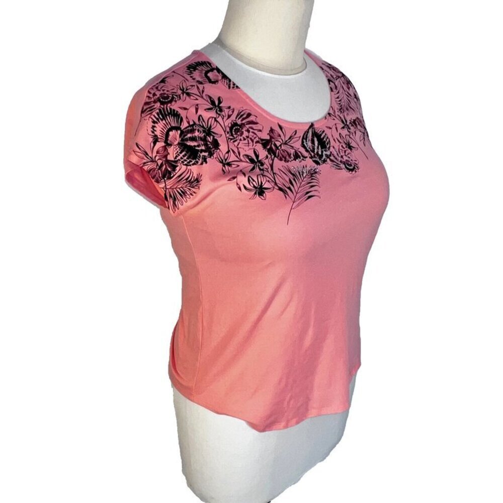 Coral Bay Blouse Womens L Peach Floral Seashell Silver Beaded Neck Short Sleeve - Picture 4 of 14